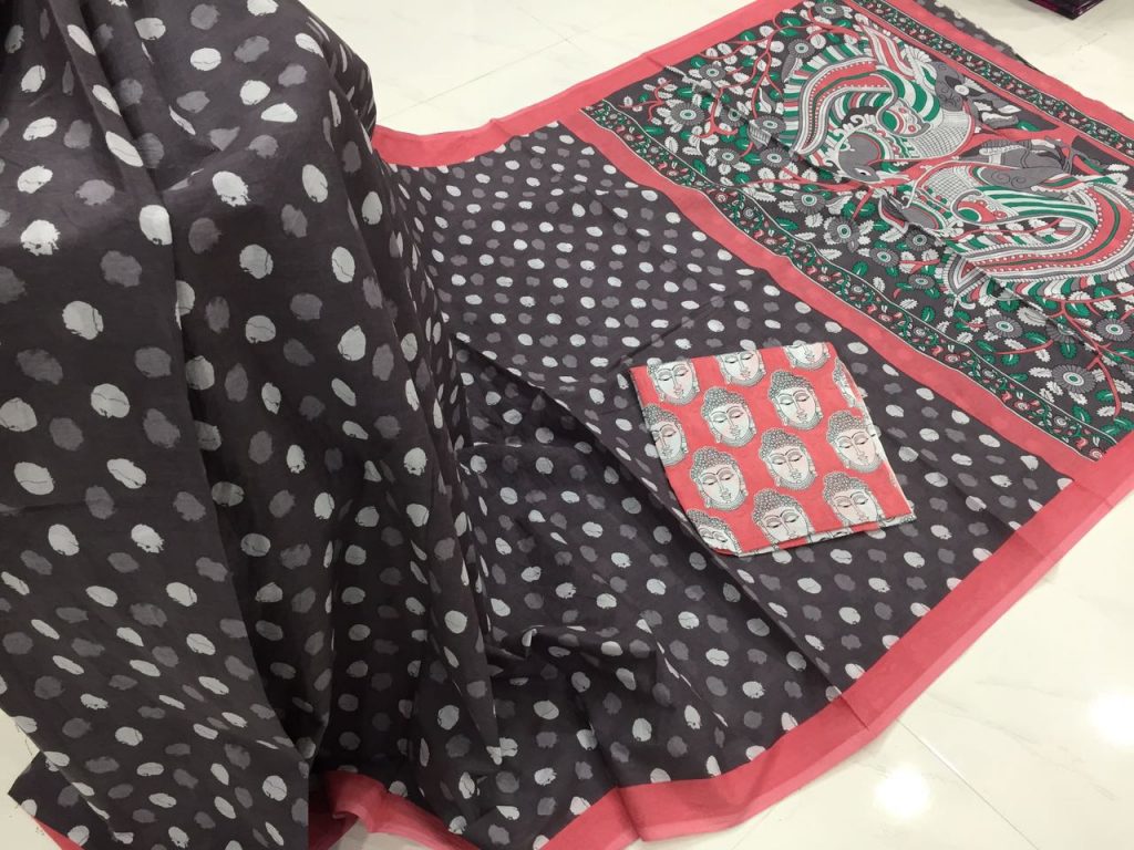 Taupe prussion kalamkari bagru print cotton mulmul saree with blouse