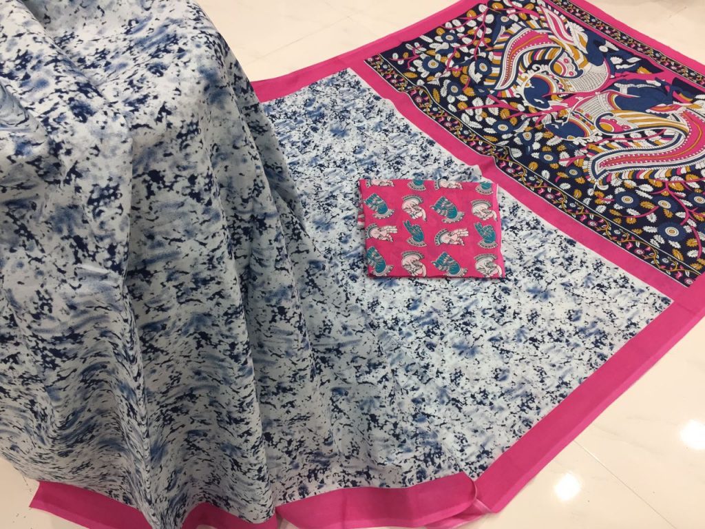 Rose prussion kalamkari bagru print cotton mulmul saree with blouse