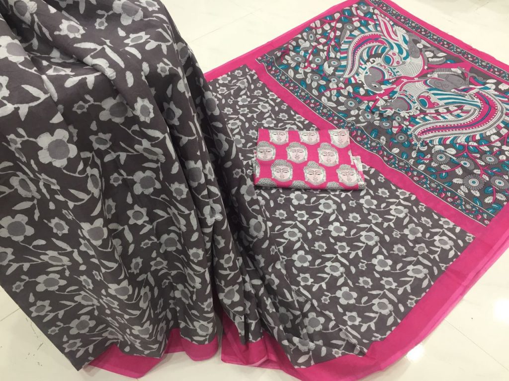 Taupe prussion floral kalamkari bagru print cotton mulmul saree with blouse