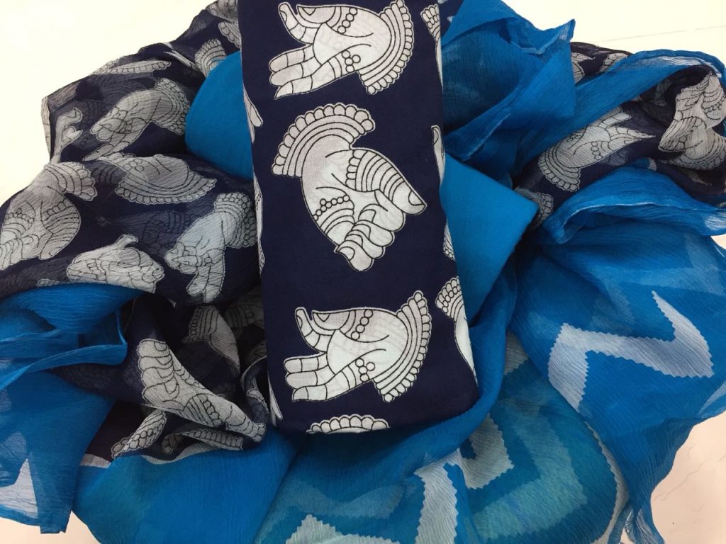 Prussian blue sapphire bagru print cotton salwar suit set with chiffon chunni