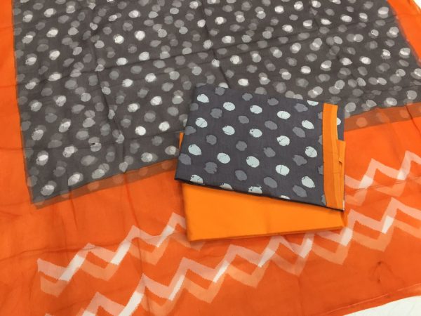 Exclusive gray orange prussian bagru polka print cotton suit set with chiffon dupatta