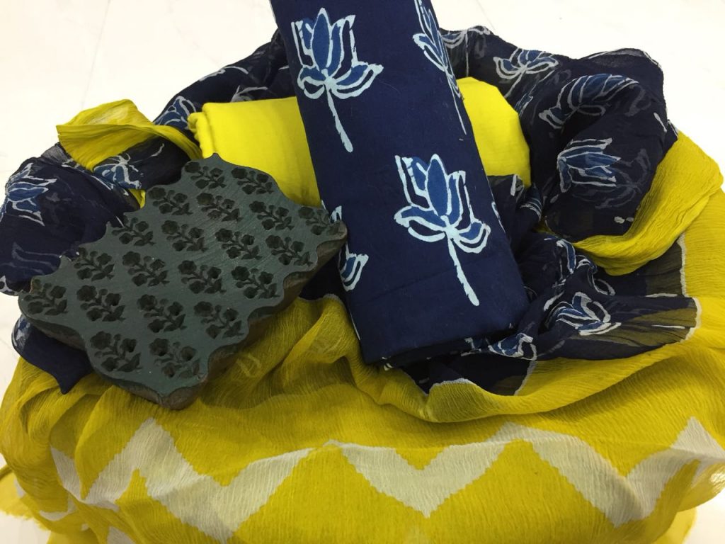 Prussian blue lemon bagru leaf print cotton salwar kameez with chiffon chunni