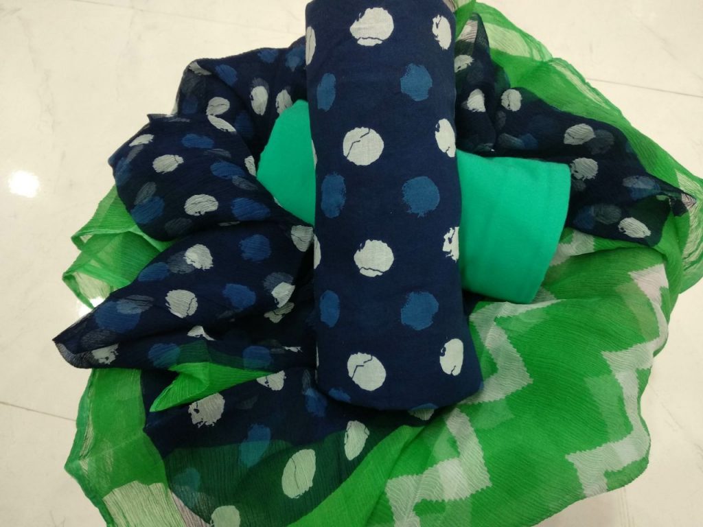 Prussian blue emerald bagru polkadots print cotton salwar suit set with chiffon chunni