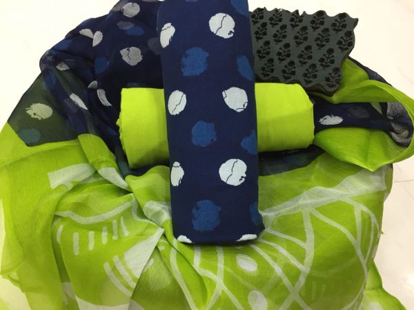 Prussian blue lime bagru polkadots print cotton suit set with chiffon chunni