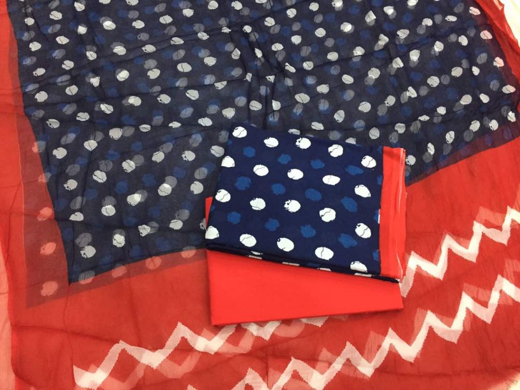 Prussian blue scarlet bagru polkadots print cotton salwar kameez with chiffon chunni