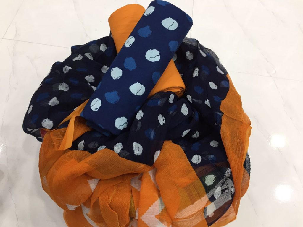 Prussian blue ocher bagru polkadots print cotton salwar kameez with chiffon chunni