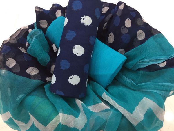 Prussian blue baby blue bagru print cotton salwar kameez set with chiffon chunni