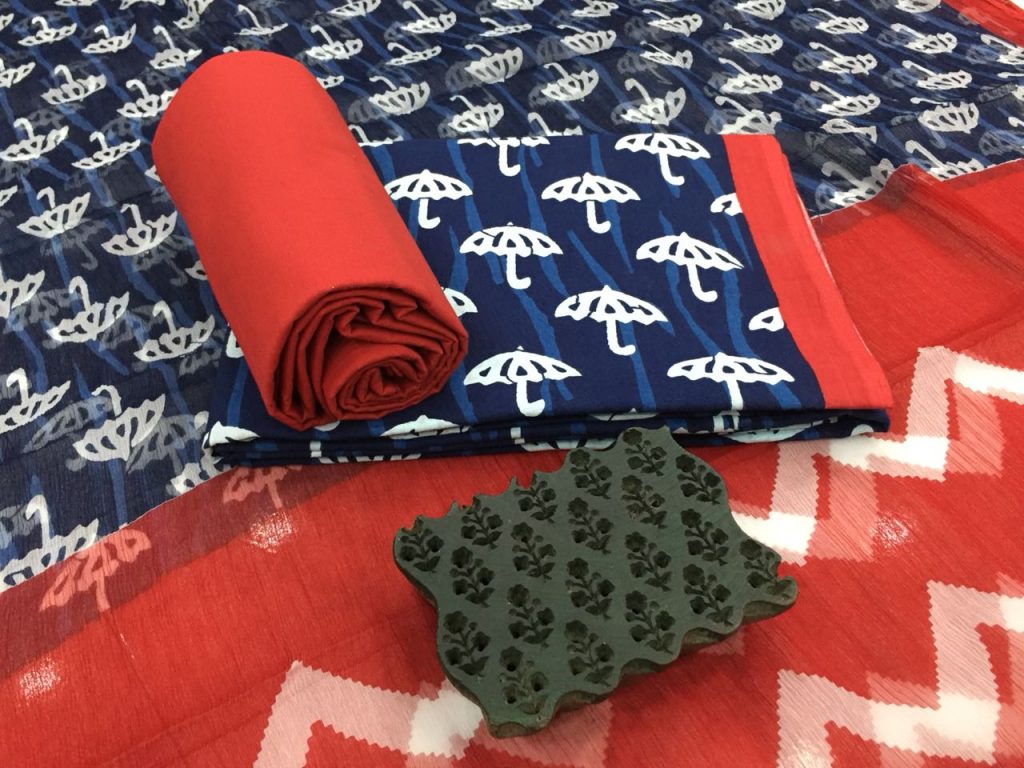 Ladies prussian blue scarlet bagru umbrella print cotton suit with chiffon chunni