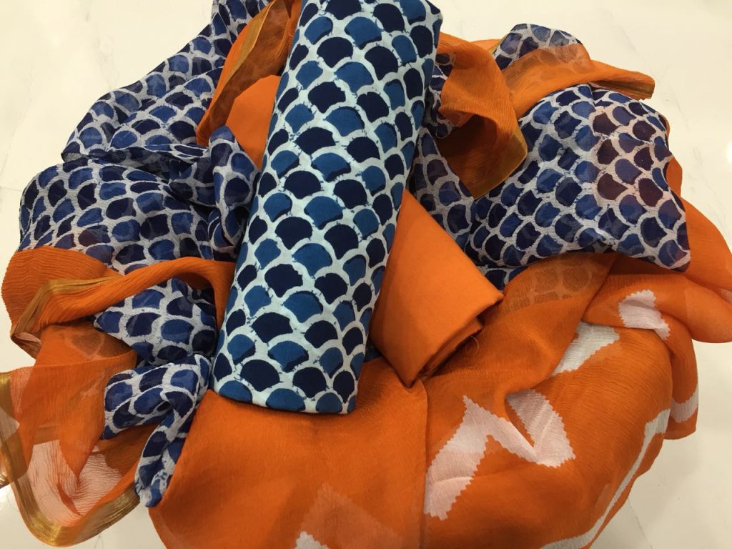 Orange jaipuri prussion bagru Print regular wear zari border pure cotton salwar suit set