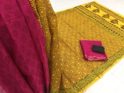 Ruby bagru print casual wear zari border cotton mulmul saree with blouse
