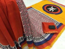 Yellow bagru swastik print casual wear zari border cotton mulmul saree with blouse
