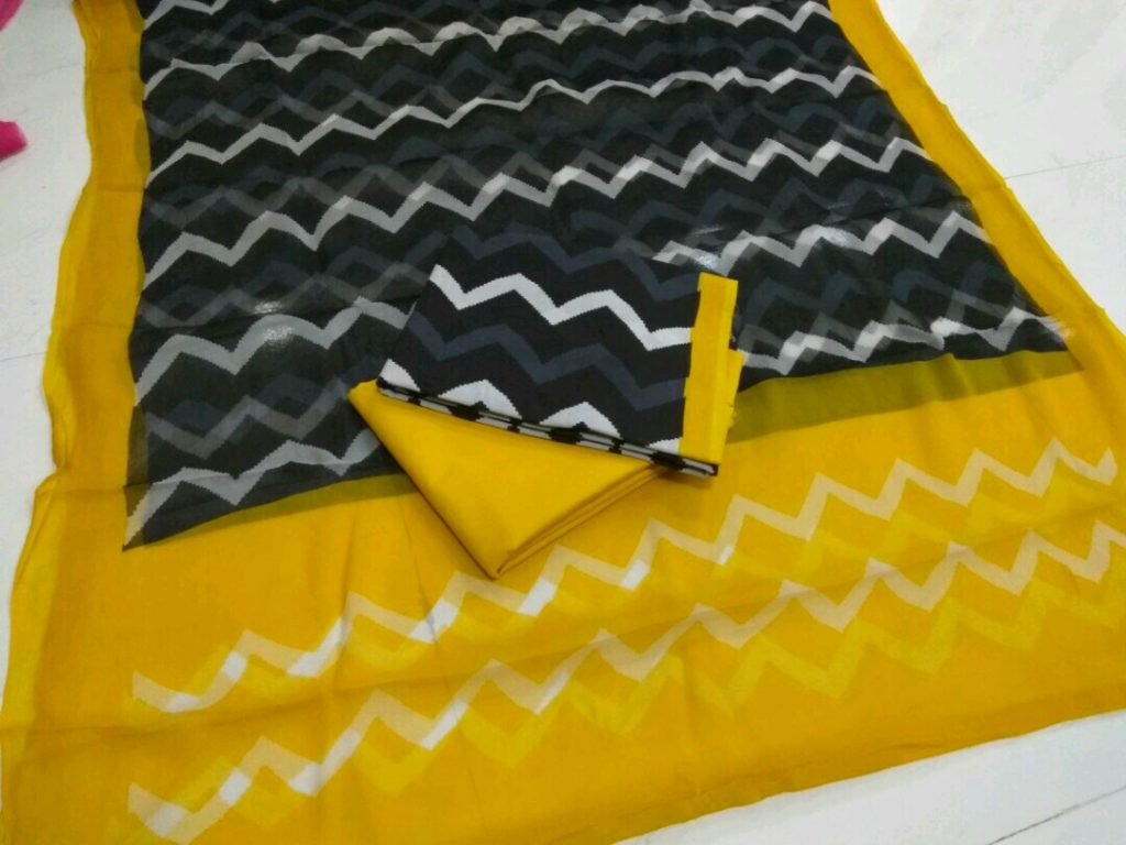 Jaipur black white yellow prussian bagru zigzag print cotton suit with chiffon chunni