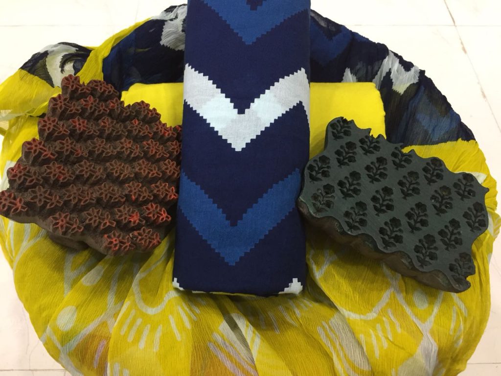 Prussian blue lemon bagru zigzag print cotton salwar suit set with chiffon dupatta