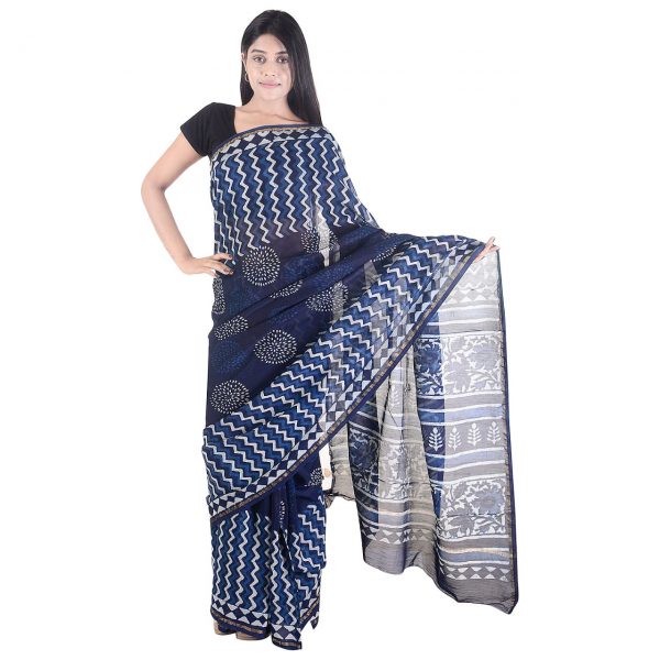 Ladies indigo party wear indigo dabu print chanderi silk saree with blouse