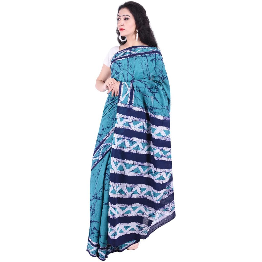 Blue-green batik print casual wear cotton saree with blouse