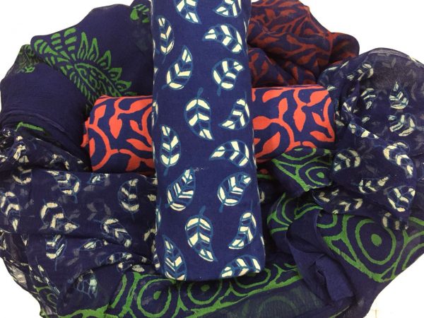 Exclusive persian blue bagru print cotton suit set with chiffon dupatta