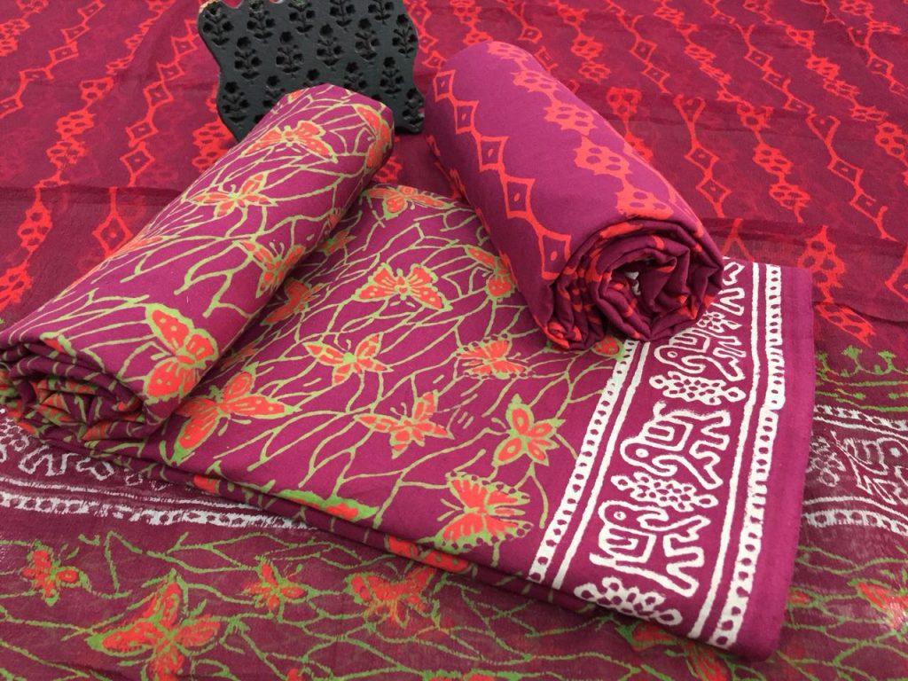 Jaipuri red-violet bagru print cotton salwar kameez with chiffon dupatta
