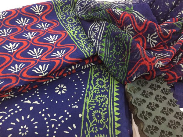 Jaipur indigo bagru print cotton salwar kameez set with chiffon dupatta