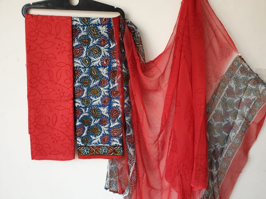 Superior quality scarlet bagru print cotton salwar suit with chiffon dupatta