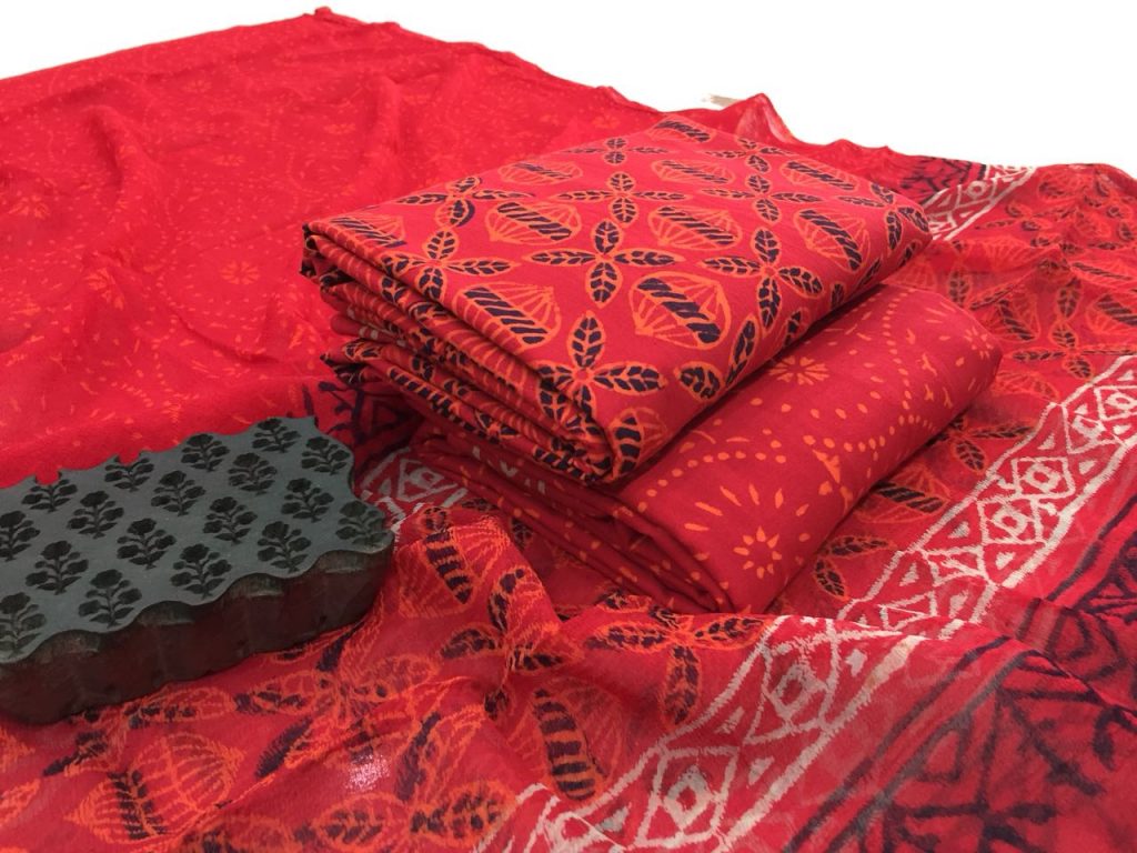 Dress material red bagru print cotton salwar suit set with chiffon dupatta