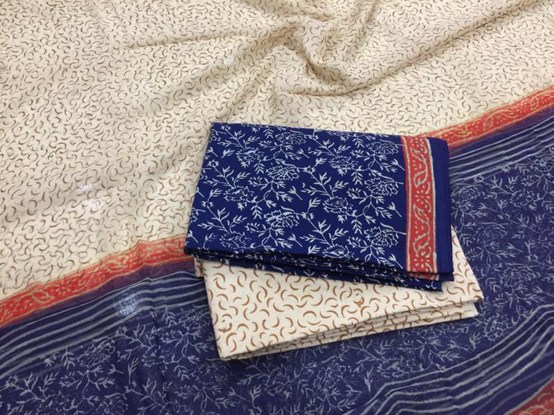 Jaipur navy blue peach bagru print cotton salwar kameez set with chiffon dupatta