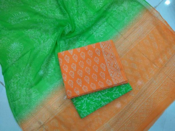 Orange jade bagru print cotton salwar suit set with chiffon chunni