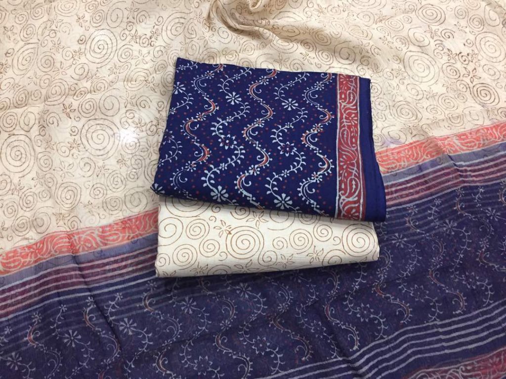 Superior quality navy blue peach bagru print cotton salwar suit with chiffon chunni