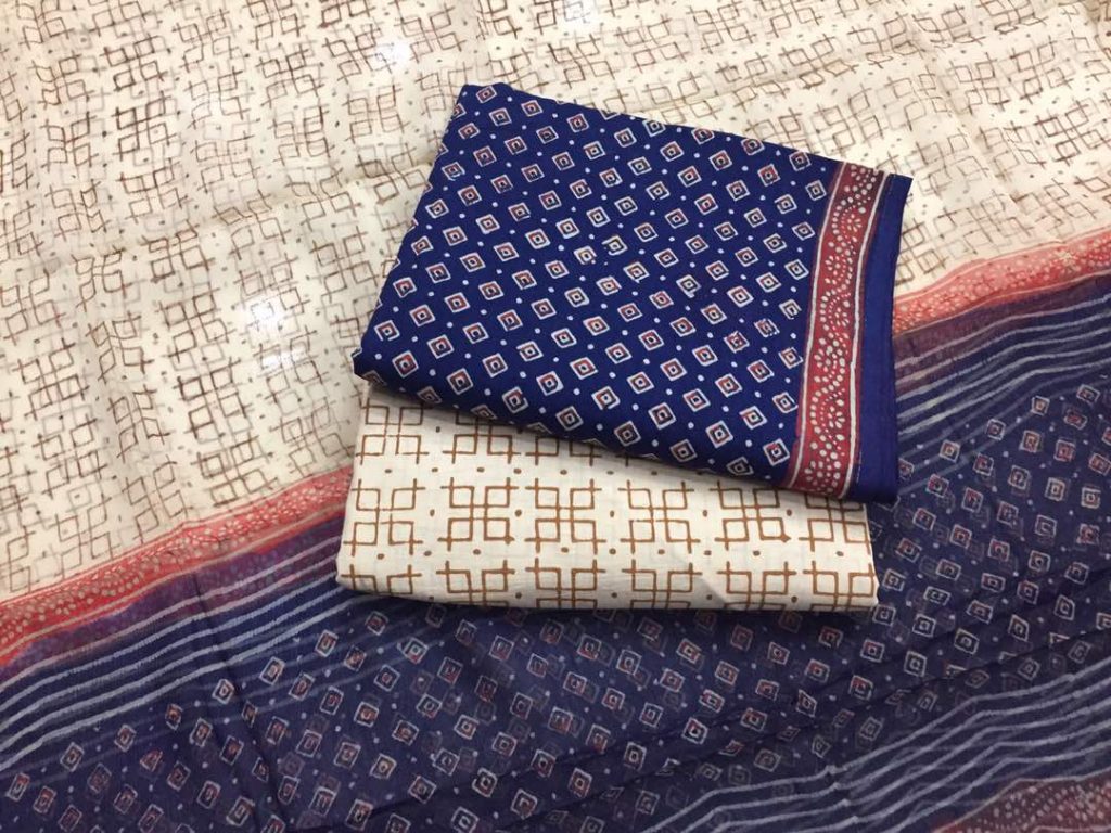 Exclusive navy blue peach bagru print cotton salwar suit set with chiffon chunni