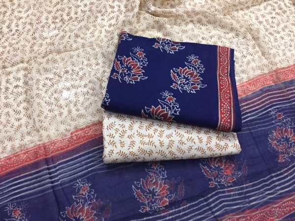 Jaipuri navy blue peach bagru print cotton salwar suit with chiffon chunni