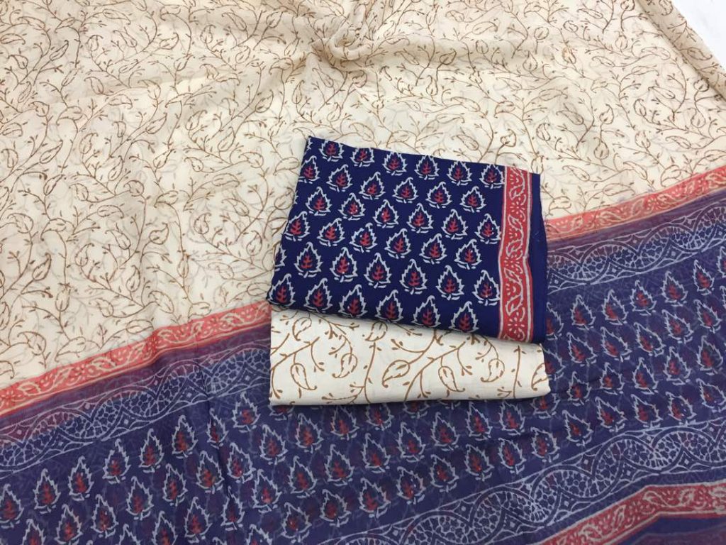 Exclusive indigo peach bagru print cotton salwar suit set with chiffon chunni