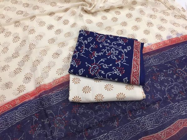 Jaipuri indigo beige bagru print cotton suit with pure chiffon chunni