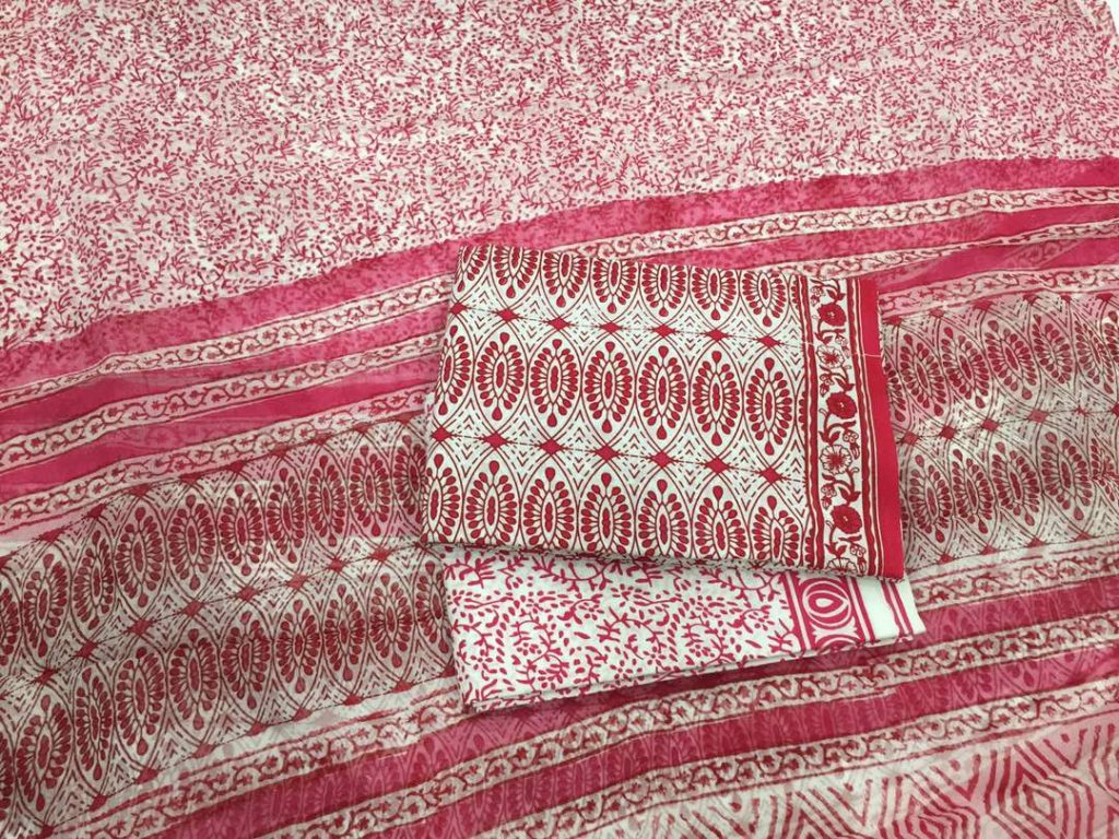 Jaipuri beige bagru print cotton salwar kameez with chiffon dupatta