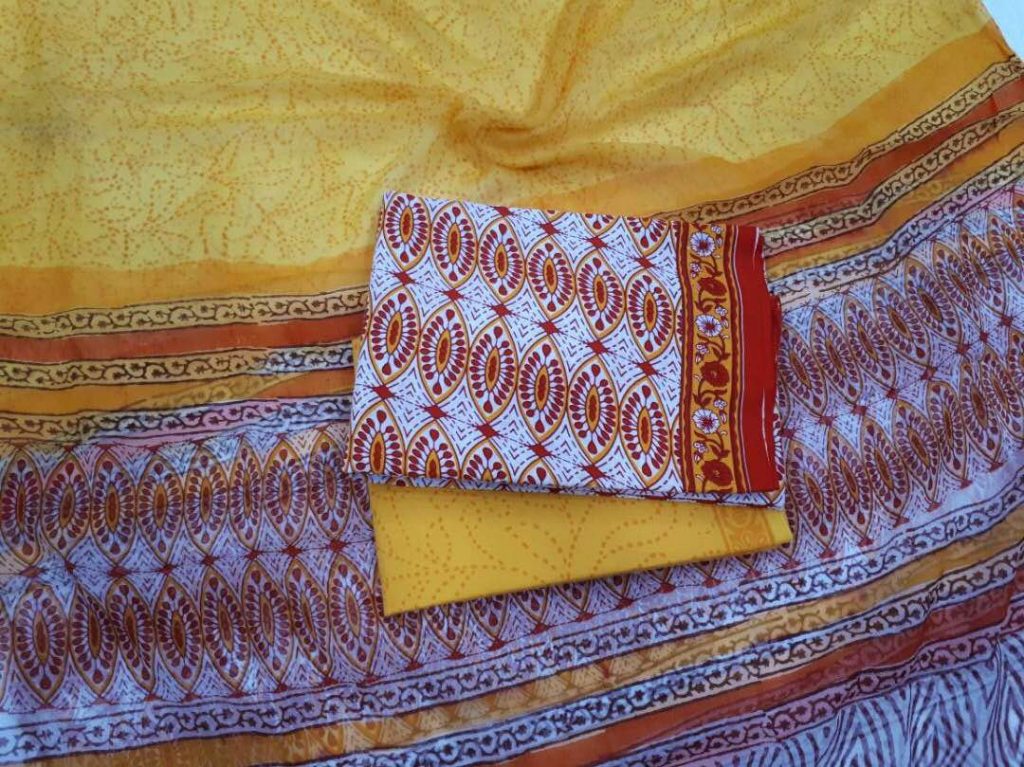 Jaipur mauve orange bagru print cotton salwar suit set with chiffon dupatta