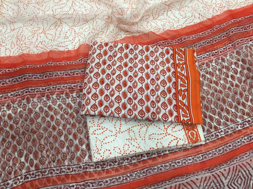 Unstitched beige bagru print pure cotton salwar suit with chiffon dupatta