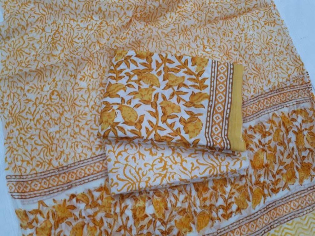 Superior quality beige bagru print cotton salwar kameez with chiffon dupatta