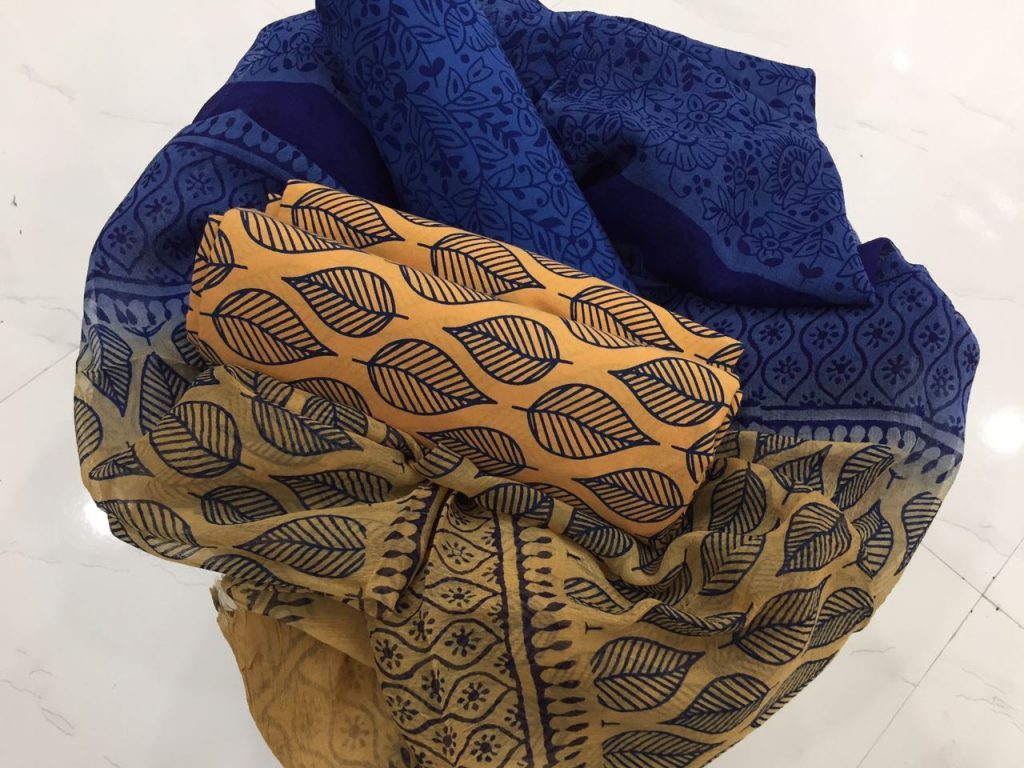 Bronze navy blue bagru print cotton salwar kameez set with chiffon dupatta