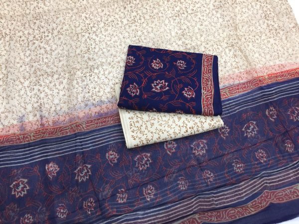 Indigo beige bagru print cotton salwar suit set with chiffon dupatta