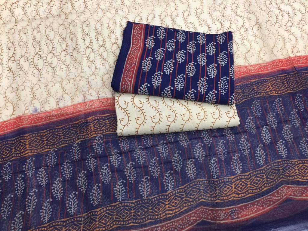Traditional indigo beige bagru print cotton salwar kameez with chiffon dupatta