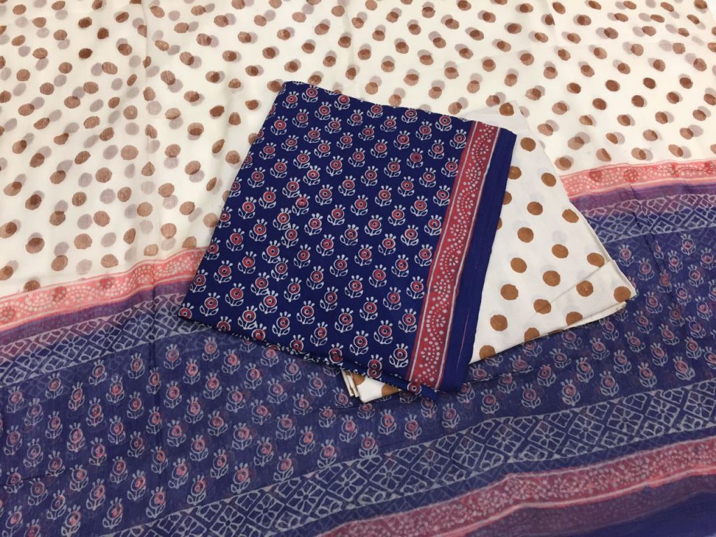 Jaipur indigo beige bagru print cotton salwar kameez set with chiffon dupatta