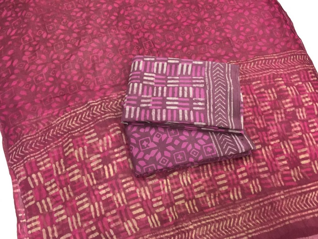 Traditional plum bagru print pure cotton suit with chiffon dupatta