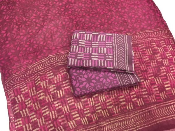 Traditional plum bagru print pure cotton suit with chiffon dupatta