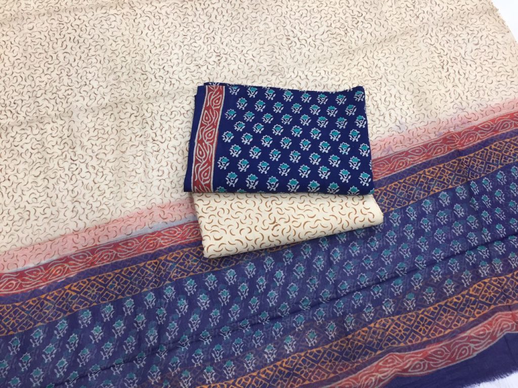 Natural navy blue beige bagru print cotton salwar kameez set with chiffon chunni