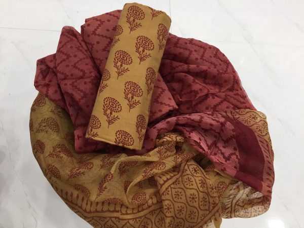Jaipur ocher burgundy bagru print cotton salwar kameez with chiffon chunni