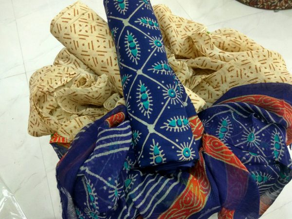 Jaipuri persian blue peach bagru print cotton suit with chiffon chunni