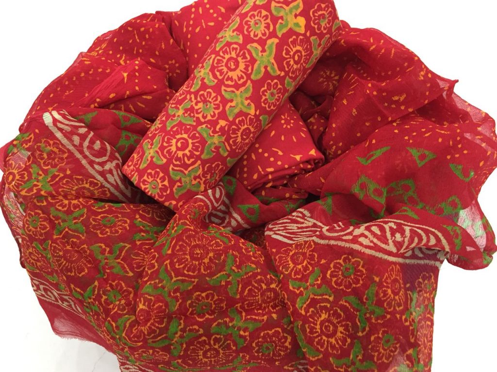 Jaipuri scarlet bagru print cotton salwar kameez with chiffon dupatta