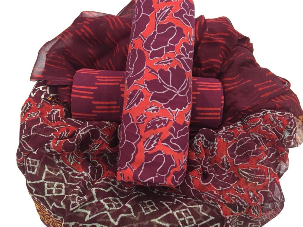 Traditional plum bagru print cotton salwar kameez set with chiffon dupatta