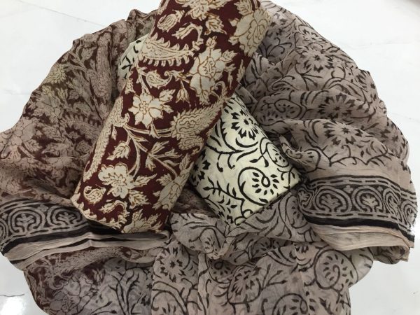 Superior quality maroon bagru print cotton suit with chiffon dupatta