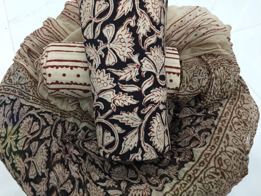 Exclusive black bagru kalamkari print cotton suit set with chiffon chunni
