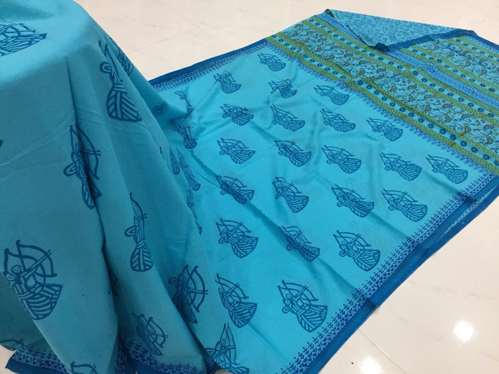 Sky blue casual wear lady bagru print cotton sarees with blouse