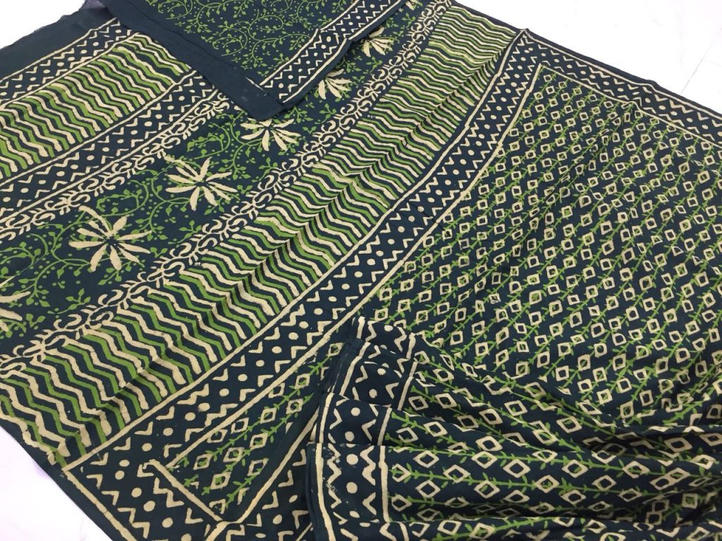 Black casual wear bagru print cotton sarees with blouse piece